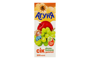 Сок для детей от 6мес восстановленный осветленный стерилизованный Яблоко-виноград Агуня т/п 200мл