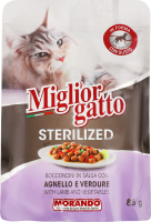 Корм д/стерилізованих котів Migliorgatto беззерновий шматочки ягня з овочами в соусі 85г пауч Morando