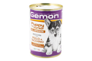 Корм консервований повнораціонний для цуценят з шматочками курки та індички Gemon з/б 415г