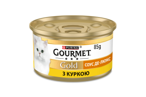 Корм консервований повнораціонний для дорослих котів з куркою Соус де-люкс Gold Gourmet з/б 85г