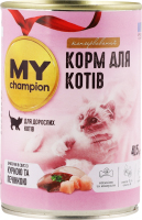 Корм д/котів Шматочки з куркою та печінкою в желе 415г ж/б My Champion