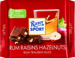 Шоколад молочный с изюмом, пропитанным ромом и измельченным фундуком Ritter Sport м/у 100г