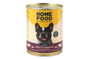 Корм д/дорослих собак з яловичиною лососем та овочами в желе 360г ж/б Home Food
