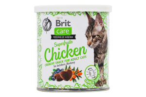 Лакомство для взрослых котов с суперфруктами без содержания злаков Курица, облепиха, черника Brit ж/б 100г