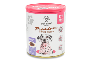 Корм д/дорослих собак Premium шматочки з індичкою в желе 800г ж/б Pet Chef