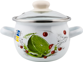 Каструля Лайм біла 1,5л емальована сферична з н/ж обідком та скляною кришкою I61908/2 Ідилія