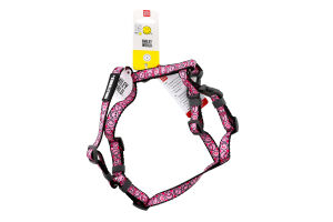 Шлея д/собак Смайли на рожевому з QR паспортом анатомічна H-образна нейлон пластиковий фастекс р.S 15мм A30-45см B35-45см WauDog