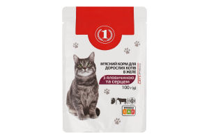 Корм консервированный полнорационный в желе для взрослых котов С говядиной и сердцем ТМ "1" д/п 100г