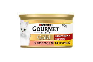 Корм консервированный полнорационный для взрослых котов с лососем и курицей Кусочки в подливке Gold Gourmet ж/б 85г