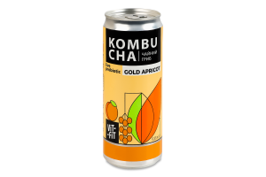Напиток брожения фильтрованный непастеризованный с сахаром Gold apricot Kombucha Vit-Fit ж/б 0.33л