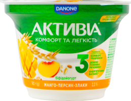 Бифидойогурт 2.2% c бифидобактериями Actiregularis с наполнителем Манго-персик-злаки Активіа ст 180г