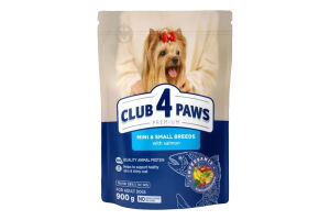 CLUB 4 PAWS Преміум для малих та мініатюрних порід “З лососем”. Повнораціонний сухий корм для дорослих собак, 0,9 кг