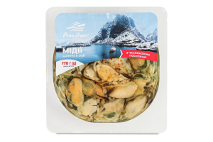 Мидии соленые в масле с чесночной посыпкой Fish Port лоток 0.17кг