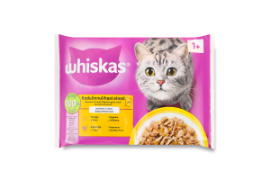 Набір кормів консервованих для дорослих котів з куркою, з індичкою в желе Whiskas м/у 4х85г