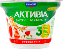 Бифидойогурт 2.2% c бифидобактериями Actiregularis с наполнителем Клубника-злаки Активіа ст 180г