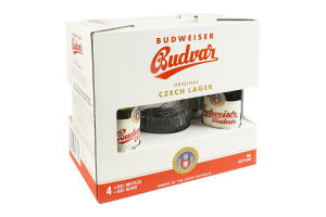 Набір Пиво 4х0.5л 5% світле фільтроване пастеризоване + келих 0.5л Budweiser Budvar к/у 1шт