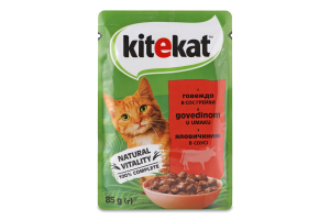 Корм консервированный полнорационный для взрослых котов C говядиной в соусе Kitekat д/п 85г