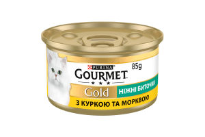 Корм консервований повнораціонний для дорослих котів з куркою та морквою Ніжні биточки Gold Gourmet з/б 85г