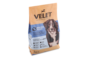 Корм д/дорослих собак середніх та великих порід Преміум з лососем та рисом сухий 2кг Velet