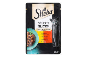 Корм консервований для дорослих котів З куркою та яловичиною в соусі Select Slices Sheba д/п 85г