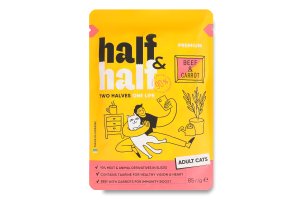 Корм влажный полнорационный для взрослых котов с говядиной и морковью в желе Premium Half&Half д/п 85г