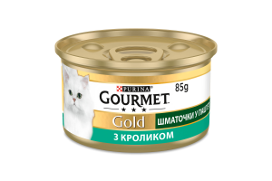 Корм консервований повнораціонний для дорослих котів з кроликом Шматочки у паштеті Gold Gourmet з/б 85г
