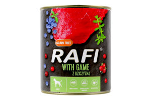 Корм полнорационный для взрослых собак всех пород с дичью Rafi ж/б 800г