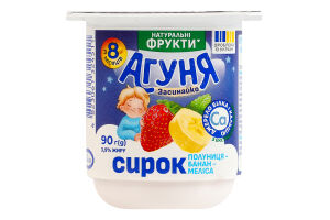 Сирок 3.9% для дітей від 8міс з наповнювачем фруктовим Полуниця-банан-меліса Агуня ст 90г