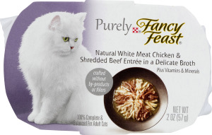Purely Fancy Feast Cat Food Natural White Meat Chicken Meat Shredded Beef Entree in Delicate Broth