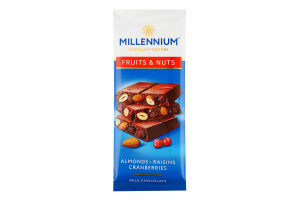 Шоколад молочный с миндалем, клюквой и изюмом Fruits&Nuts Millennium м/у 90г