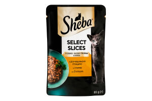 Корм консервированный полнорационный для взрослых котов с домашней птицей в соусе Отборные кусочки Sheba д/п 85г