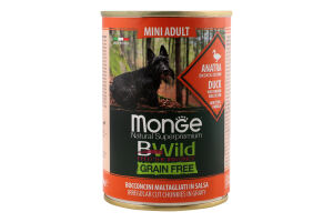 Корм консервований для дорослих собак беззерновий з качкою гарбузом цукіні BWild Natural superpremium Monge з/б 400г