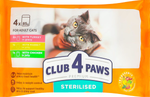 Корм консервований для стерилізованих котів З індичкою + З кроликом + З куркою Premium Club 4 Paws м/у 4x0.085кг