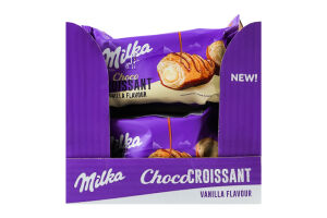 Круассан снизу глазированный и сверху декорированный молочным шоколадом с начинкой со вкусом ванили Milka м/у 50г