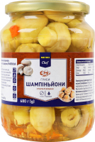 Шампиньоны целые маринованные стерилизованные с сахаром и подсластителем Metro Chef с/б 680г
