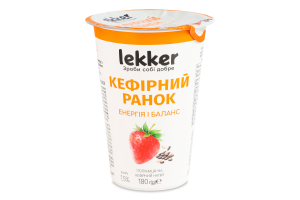 Напій кефірний 1.5% з фруктовим наповнювачем пастеризованим Полуниця-чіа Кефірний ранок Lekker ст 180г