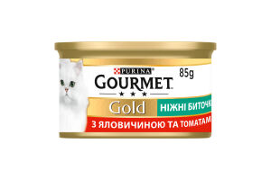 Корм консервированный полнорационный для взрослых котов с говядиной и томатами Нежные биточки Gold Gourmet ж/б 85г