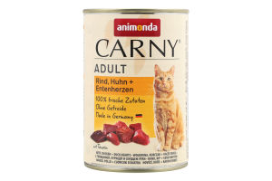 Корм д/котів з яловичою куркою та качиними серцями 400г ж/б Карні