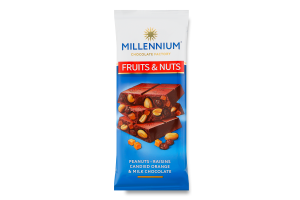 Шоколад Fruits&Nuts молочний з арахісом цукатами родзинками та мигдалем 90г Millennium