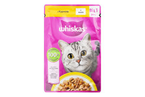 Корм консервированный полнорационный для взрослых котов С курицей в желе Whiskas д/п 85г