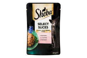 Корм консервированный полнорационный для взрослых котов с лососем в соусе Отборные кусочки Sheba д/п 85г