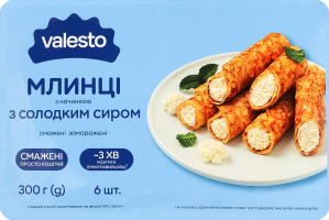 Блины замороженные жареные с начинкой со сладким творогом Valesto лоток 300г