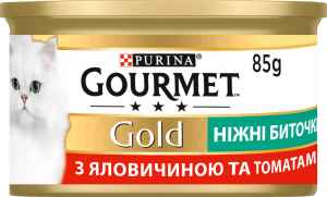 Корм консервированный полнорационный для взрослых котов с говядиной и томатами Нежные биточки Gold Gourmet ж/б 85г