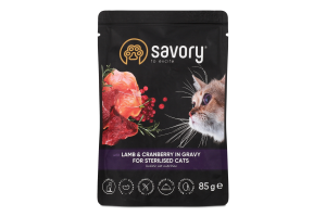 Корм д/стерилізованих котів шматочки з ягням та журавлиною в соусі 85г пауч Сейворі