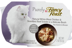 Purely Fancy Feast Cat Food Natural White Meat Chicken Meat Shredded Beef Entree in Delicate Broth