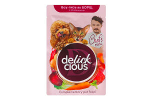 Корм консервированный дополнительный для взрослых котов и собак Борщ с говядиной Chef`s menu Delickcious д/п 85г