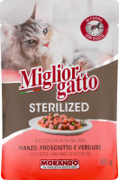 Корм д/стерилізованих котів Migliorgatto беззерновий шматочки яловичини та шинки в соусі 85г пауч Morando