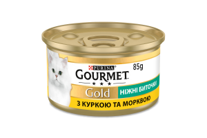 Корм консервований повнораціонний для дорослих котів з куркою та морквою Ніжні биточки Gold Gourmet з/б 85г