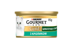 Корм консервований повнораціонний для дорослих котів з кроликом Шматочки у паштеті Gold Gourmet з/б 85г