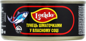 Тунець Lorado власному соку шматочками 170г з.б.ключ